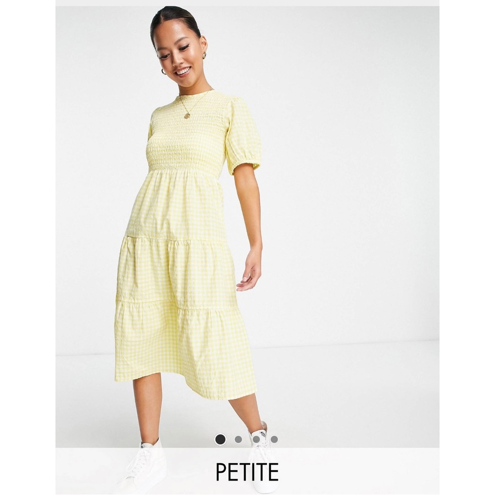 Petite tiered midi dress in yellow gingham